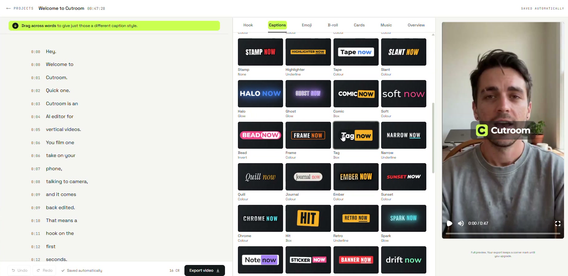 Cutroom editor: the transcript on the left, caption styles in the middle and the 9:16 vertical preview on the right