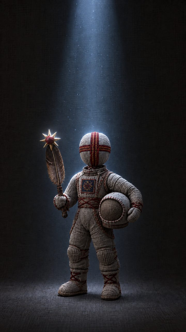The Lirnyk, Mr. GetMen's faceless cloth figure, dressed as a cosmonaut: a cross of red patterned ribbon for a face, a feather topped with a star in one hand, a helmet under the other arm