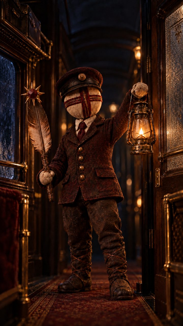 The Lirnyk dressed as a retro train conductor, with the same ribbon-cross face and star-tipped feather